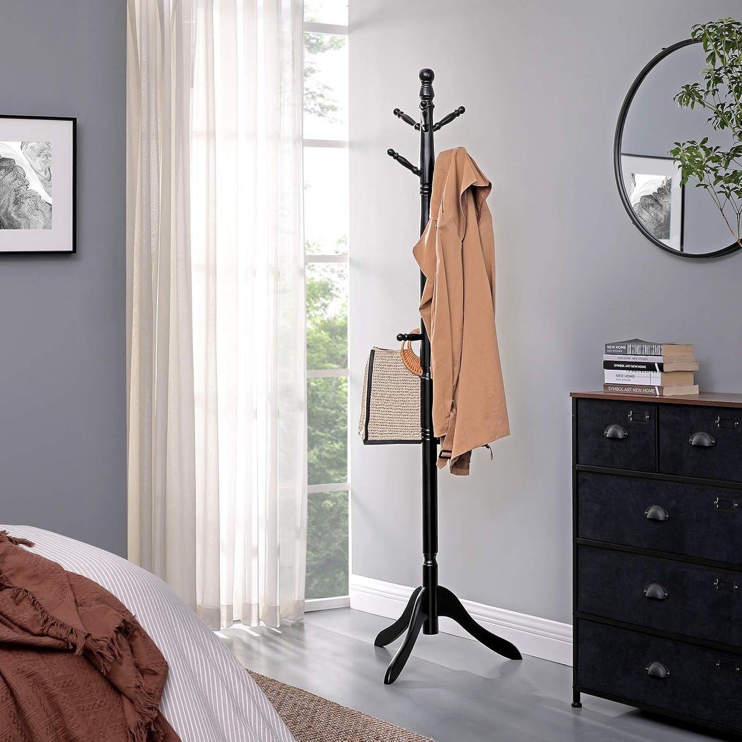 VASAGLE Solid Wood Coat Rack and Stand, Free Standing Hall Coat Tree with 10 Hooks for Hats, Bags, Purses, for