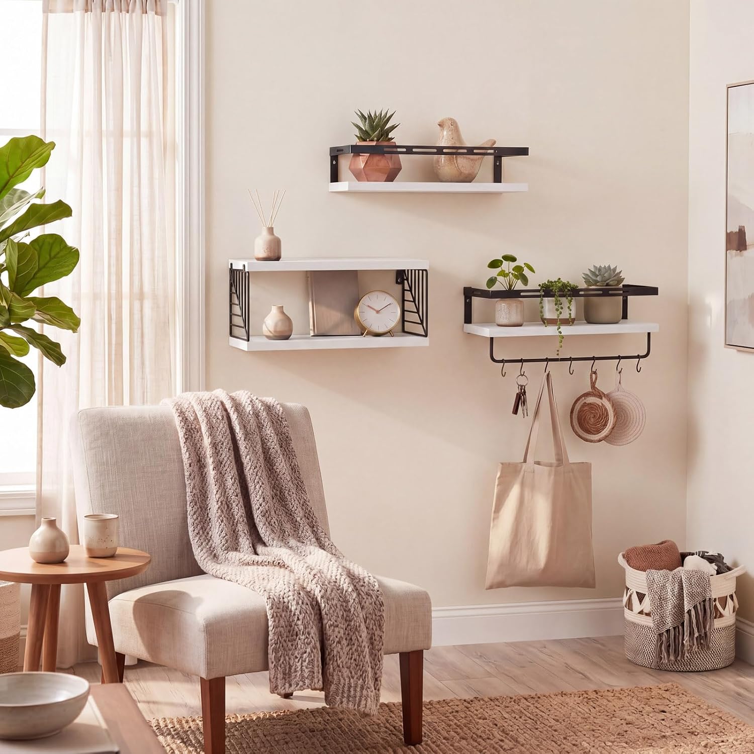 Fixwal Wall Mounted Bathroom Shelves Over Toilet (3+1 White) | Wall Shelf with Basket Storage , Towel Bar, Solid Wood