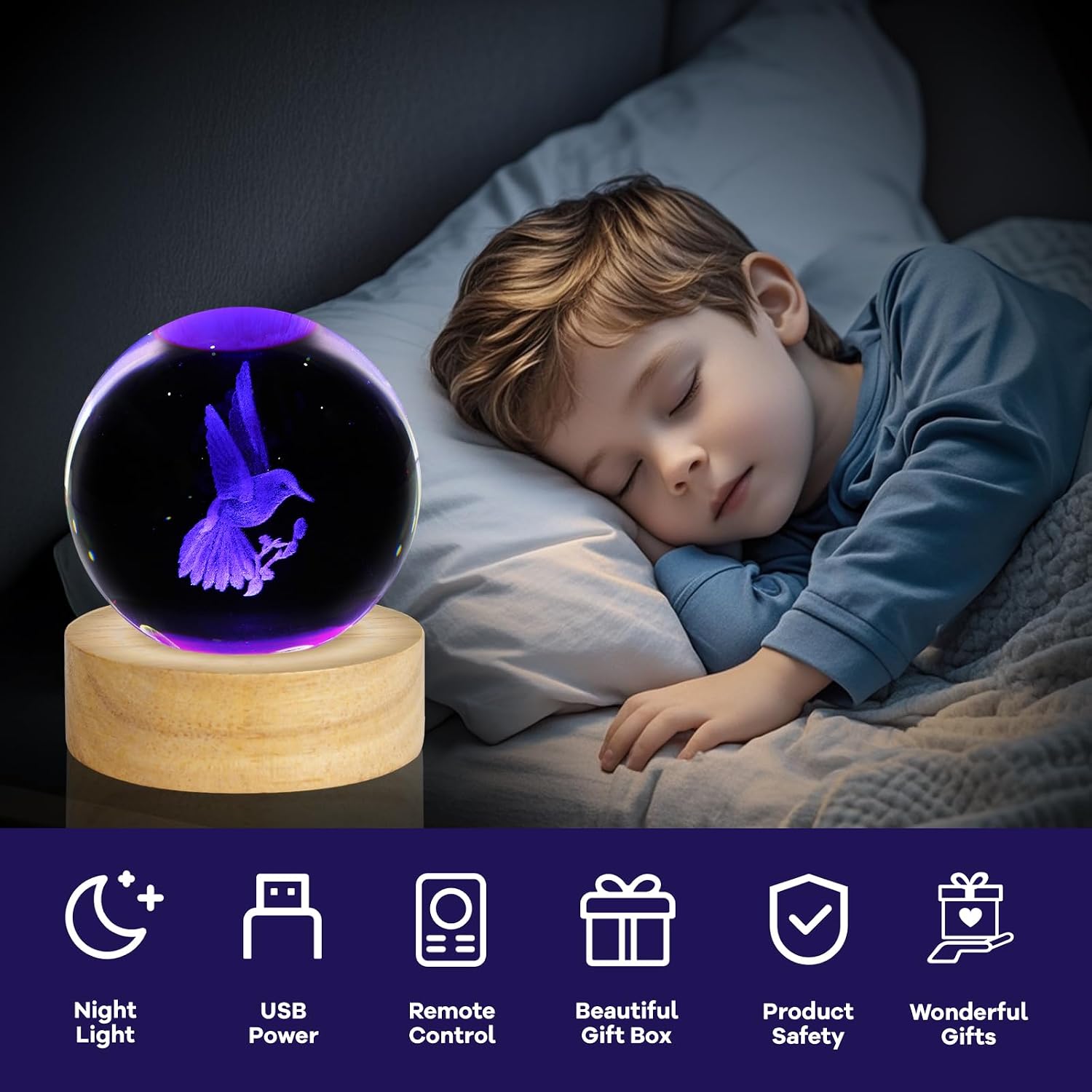 3D Crystal Ball Night Light Figurines Decor Table Lamp / Hummingbird / 2.4 Inch
