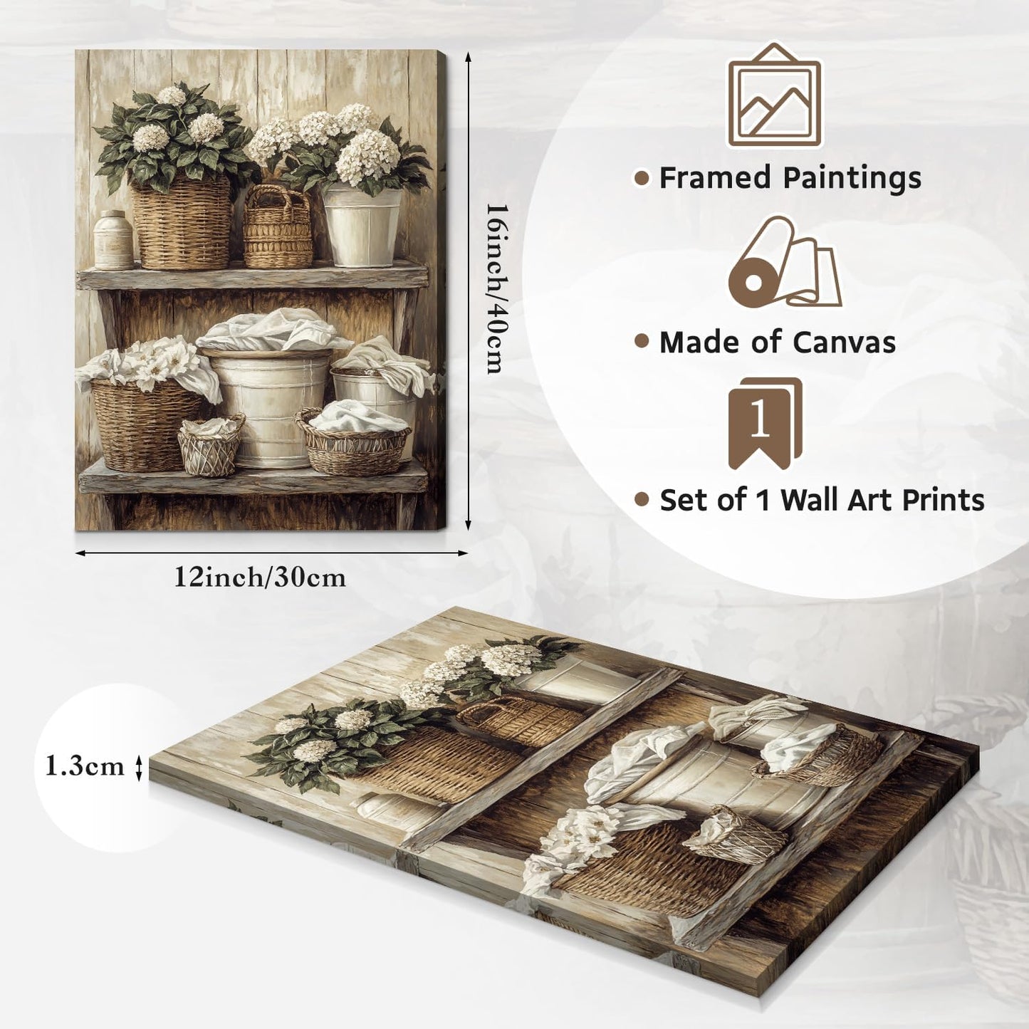 Rustic Floral Woven Basket Artwork Print for Laundry Bathroom Retro / Brown Framed