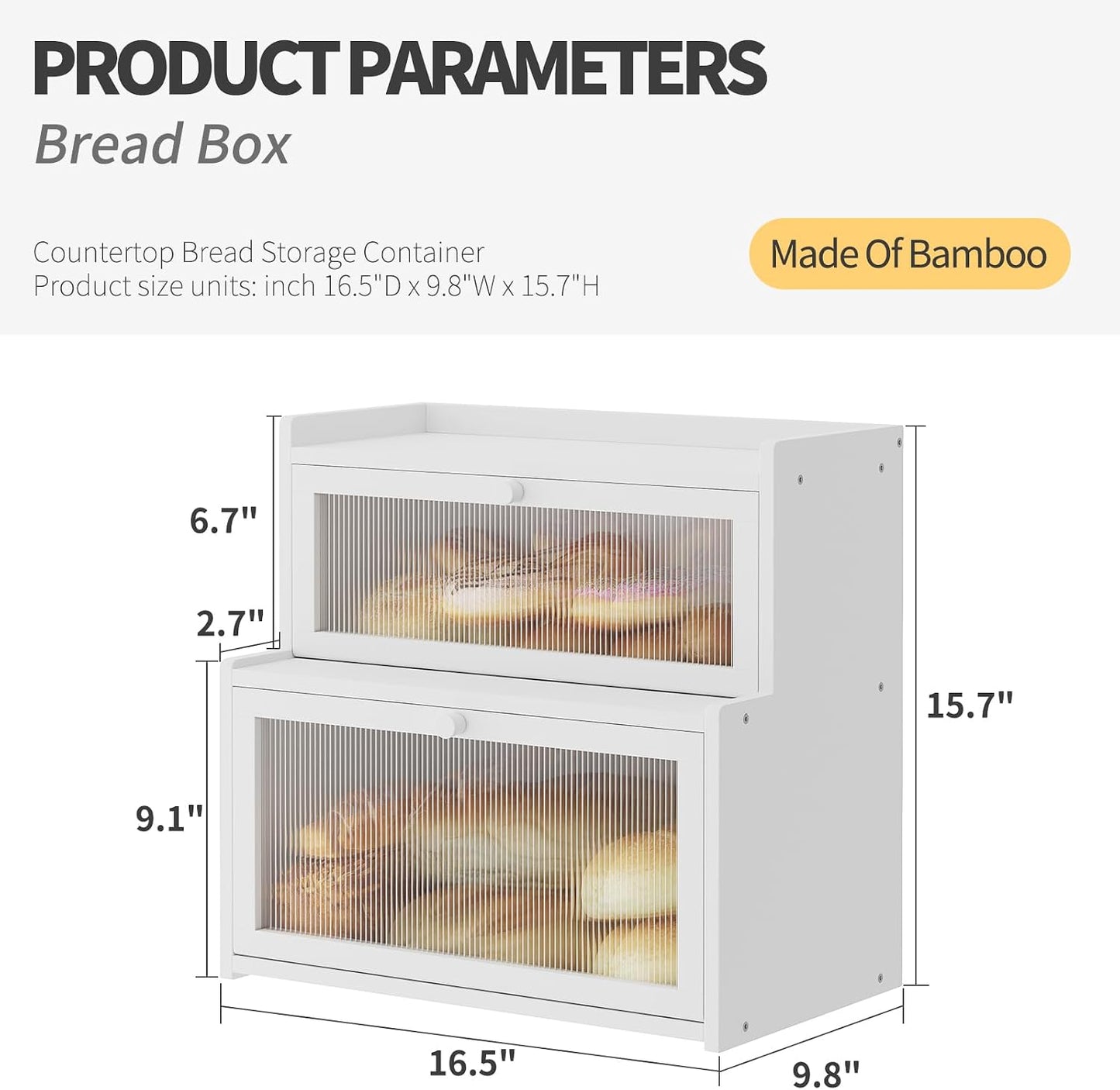 Double Layer Bamboo Bread Box for Kitchen Counter,Bread Holder,Countertop Bread Storage with Window (White)