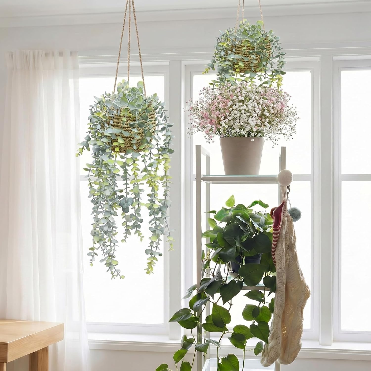 Woven Baskets / Artificial Hanging Eucalyptus Plants / Set of 3