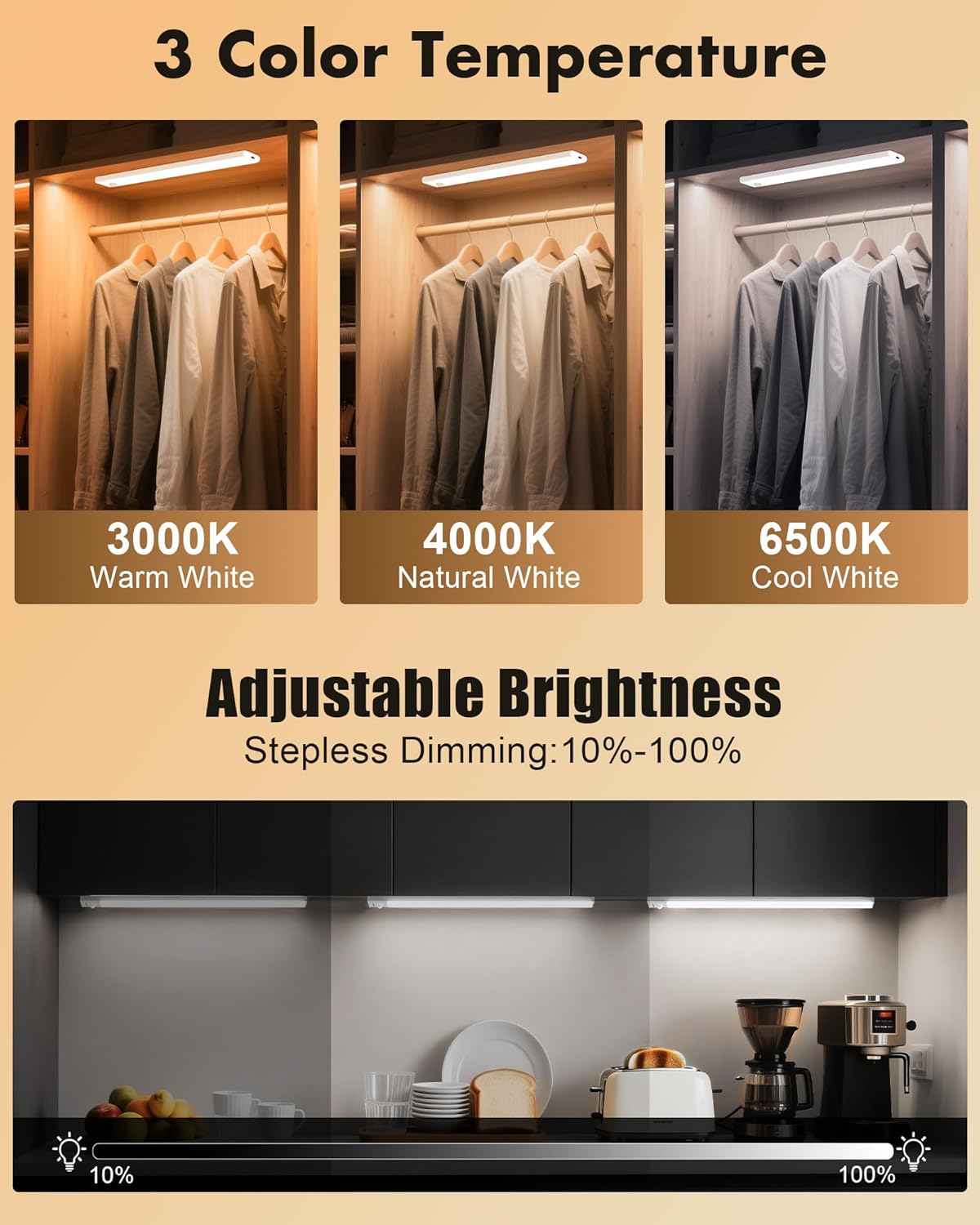maylit 6 Pack Rechargeable Motion Sensor Under Cabinet Lights | Wireless Magnetic Light Bars in 3 Color Temperatures