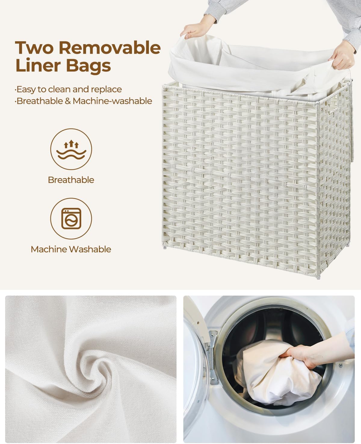 125L Laundry Basket / 2 Removable Liner Bags & 2 Mesh Bags