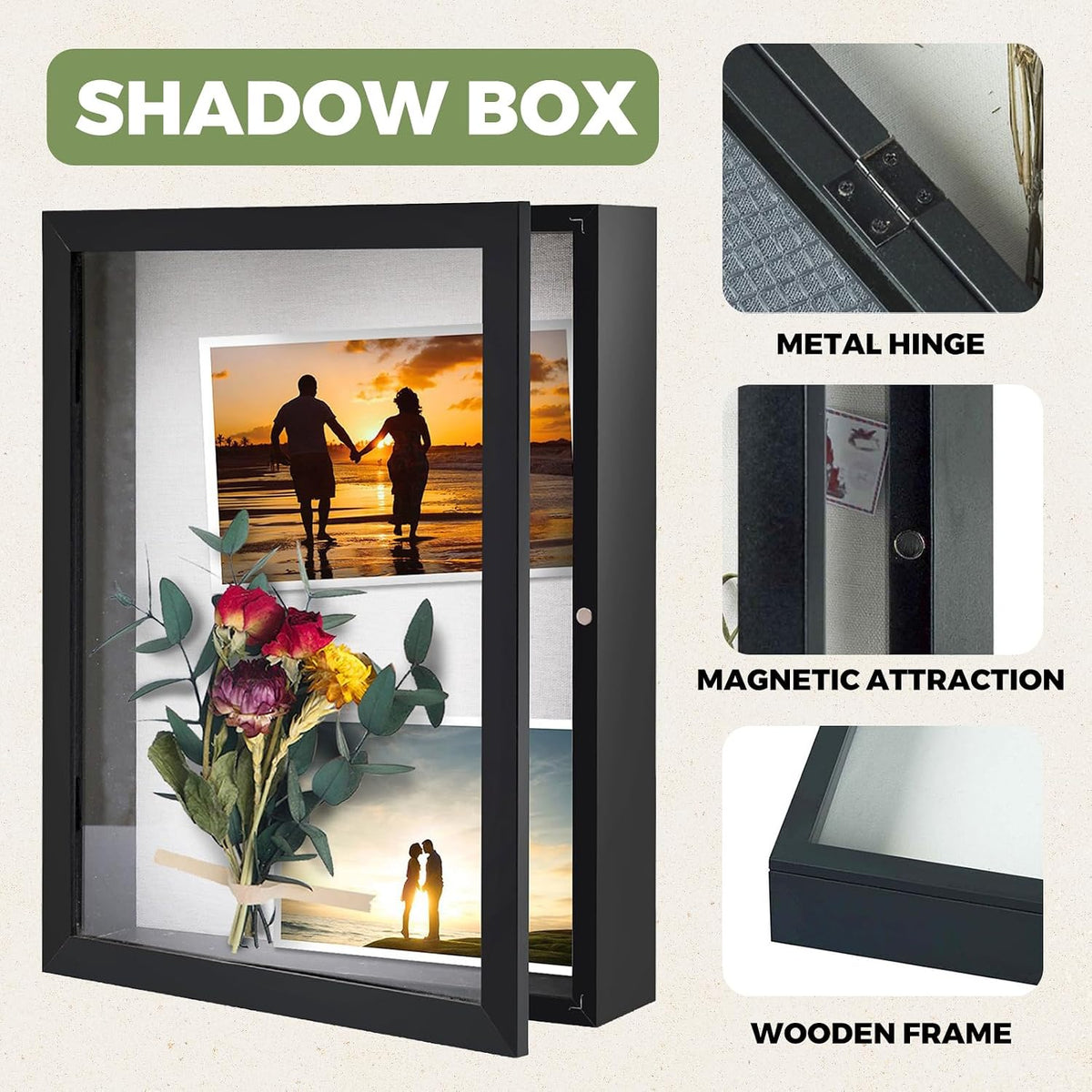 Muzilife 13x16 Shadow Box Wood Picture Frame, 2.16 Deep, Real Glass, Black | FSC-Wood, Magnetic Door, Linen Interior &