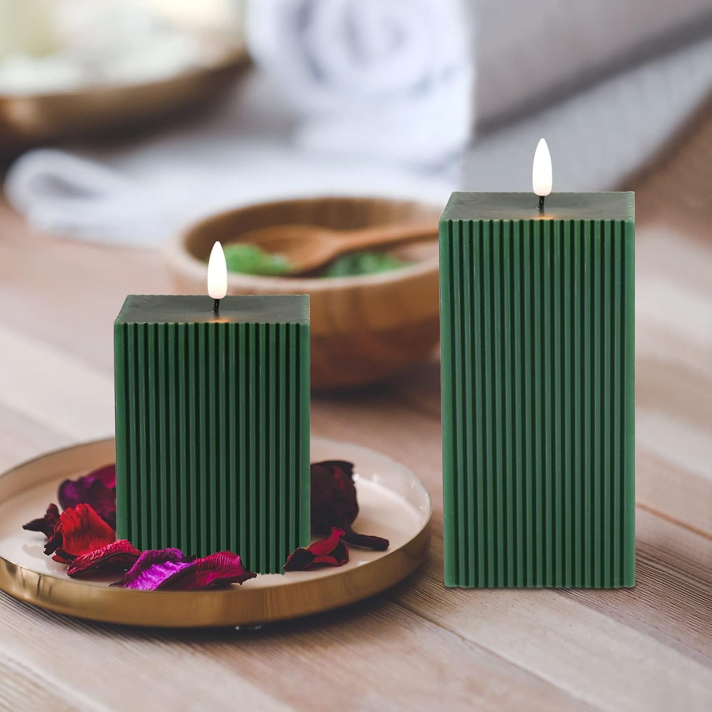 Dark Ribbed Flameless Candles / Green / Set of 2