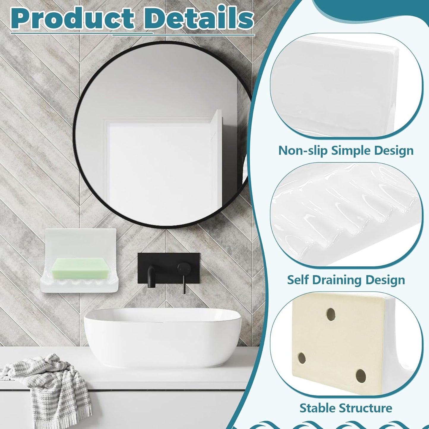 Vintage Wall-Mounted Ceramic Soap Dish for Shower Wall Retro Ceramic Soap Holder Porcelain / White