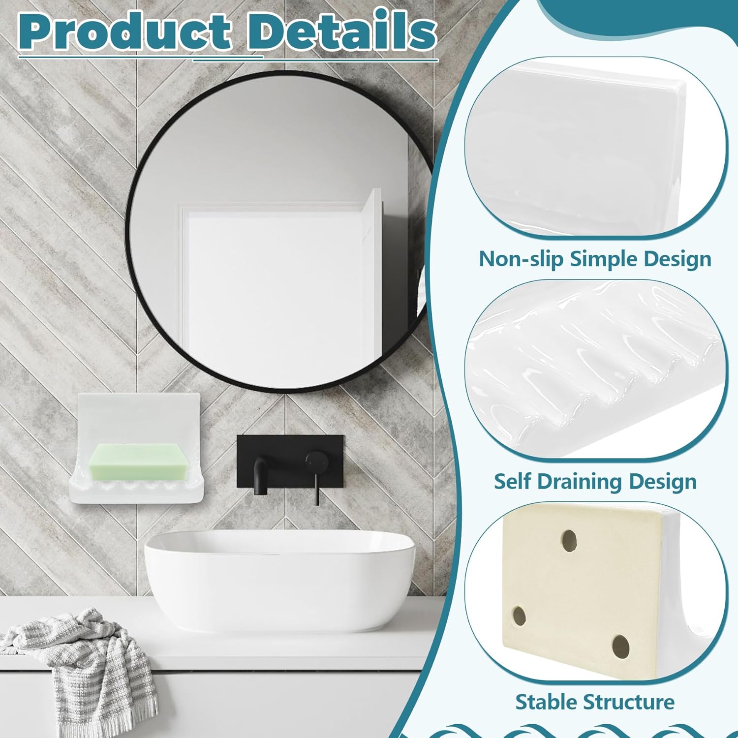 Vintage Wall-Mounted Ceramic Soap Dish for Shower Wall Retro Ceramic Soap Holder Porcelain / White