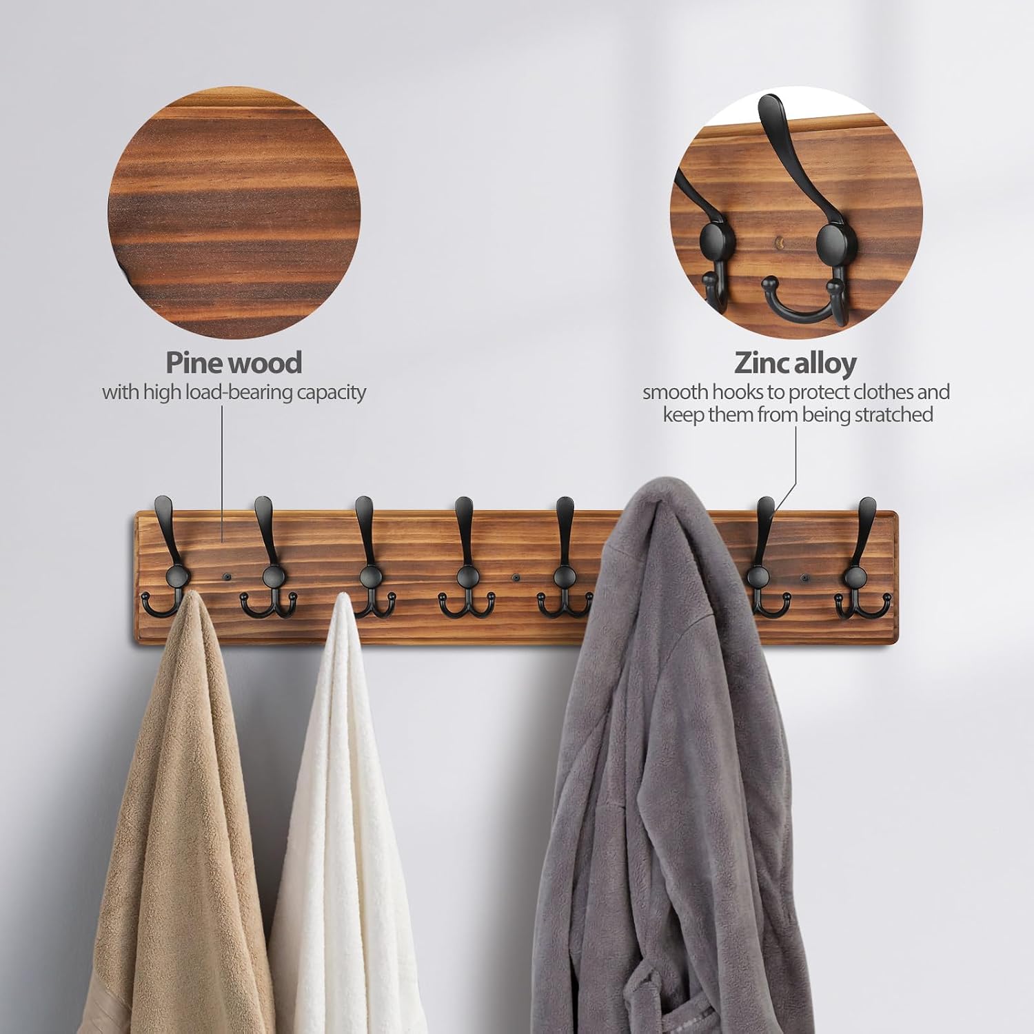 Coat Rack Wall Mount, Wooden Heavy Duty Coat Rack for Wall,8 Triple Coat Hanger Hooks for Hanging