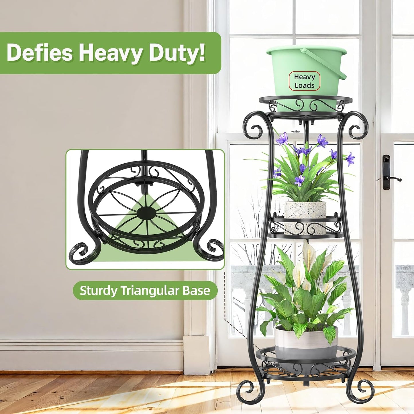 iDavosic.ly 3 Tier Tall Metal Plant Stand Outdoor Indoor, 34 Inch, Black | Corner Flower Pot Holder Shelf, Wrought Iron
