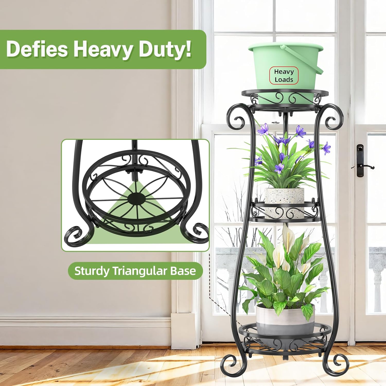 iDavosic.ly 3 Tier Tall Metal Plant Stand Outdoor Indoor, 34 Inch, Black | Corner Flower Pot Holder Shelf, Wrought Iron