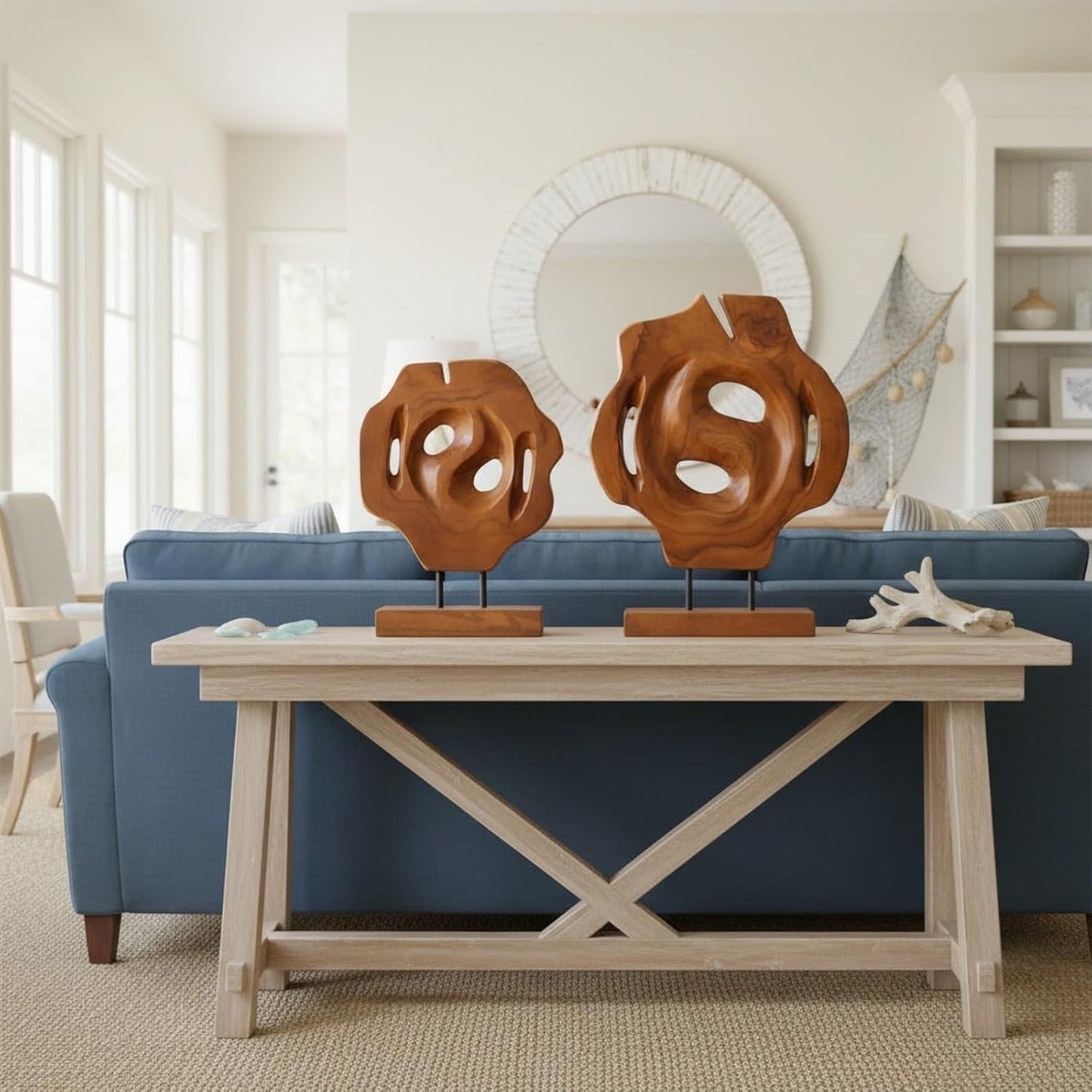 Geometric Teak Wood Sculptures on Metal Stand / Natural / Set of 2