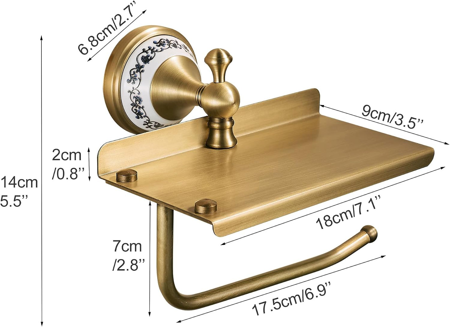 Toilet Paper Holder with Phone Shelf, Bathroom Toilet Paper Roll Holder Antique Bronze Brass Wall Mounted Bathroom