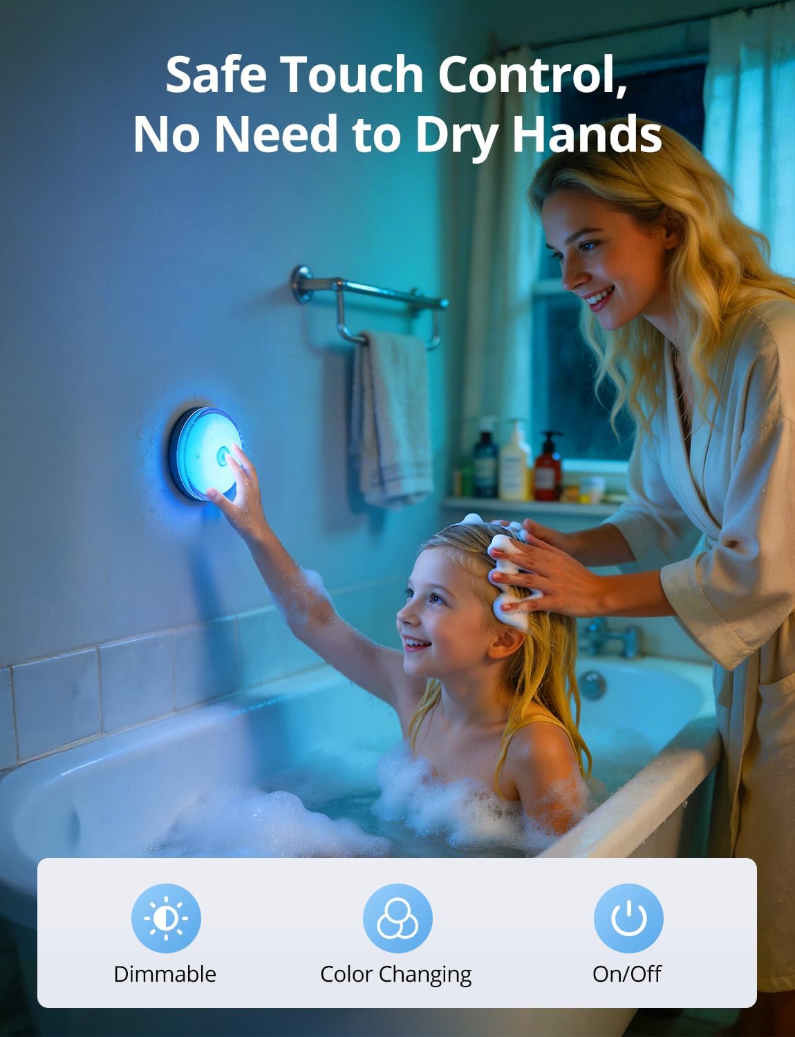Rechargeable RGB Ambient Shower Light Waterproof Inside, 15 Color Changing Mood Lighting for Bathroom Bathtub IP65