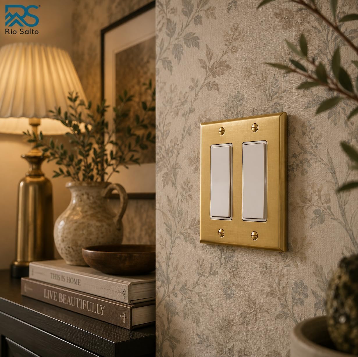 Rio Salto BRASS Decorative Brushed Brass Gold 2 Light Switch Cover Double Rocker Switch Plate 2 Pack Premium Wall Plate