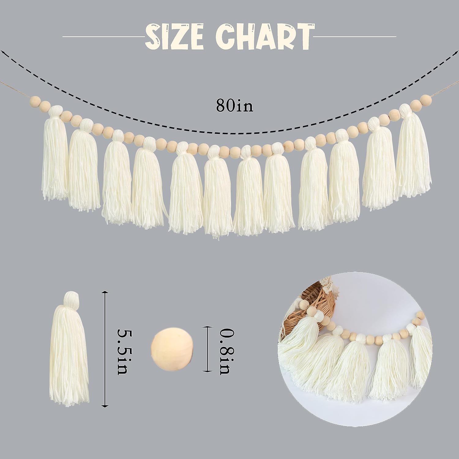 Cream Wood Bead Tassel Garland Boho Decor / White Cotton