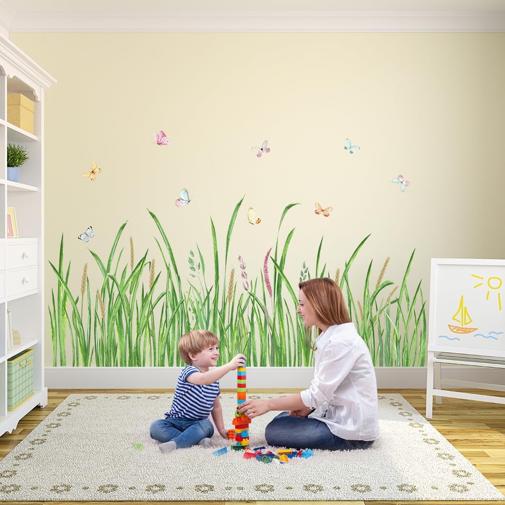Grass Wall Corner Sticker Peel and Stick Flower Butterfly Wall Decal Plant Baseboard / Green