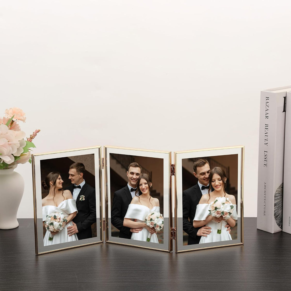 5x7 Triple Floating Frame,Metal Beaded Edge,Gold | Tempered glass, adjustable tabletop/shelf photo frame, for photo