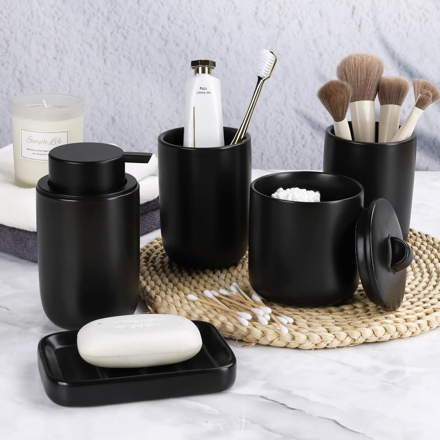 BosilunLife Black Ceramic Bathroom Accessories Set of 4 | Bathroom Decor Sets Accessories Bathroom Lotion Soap