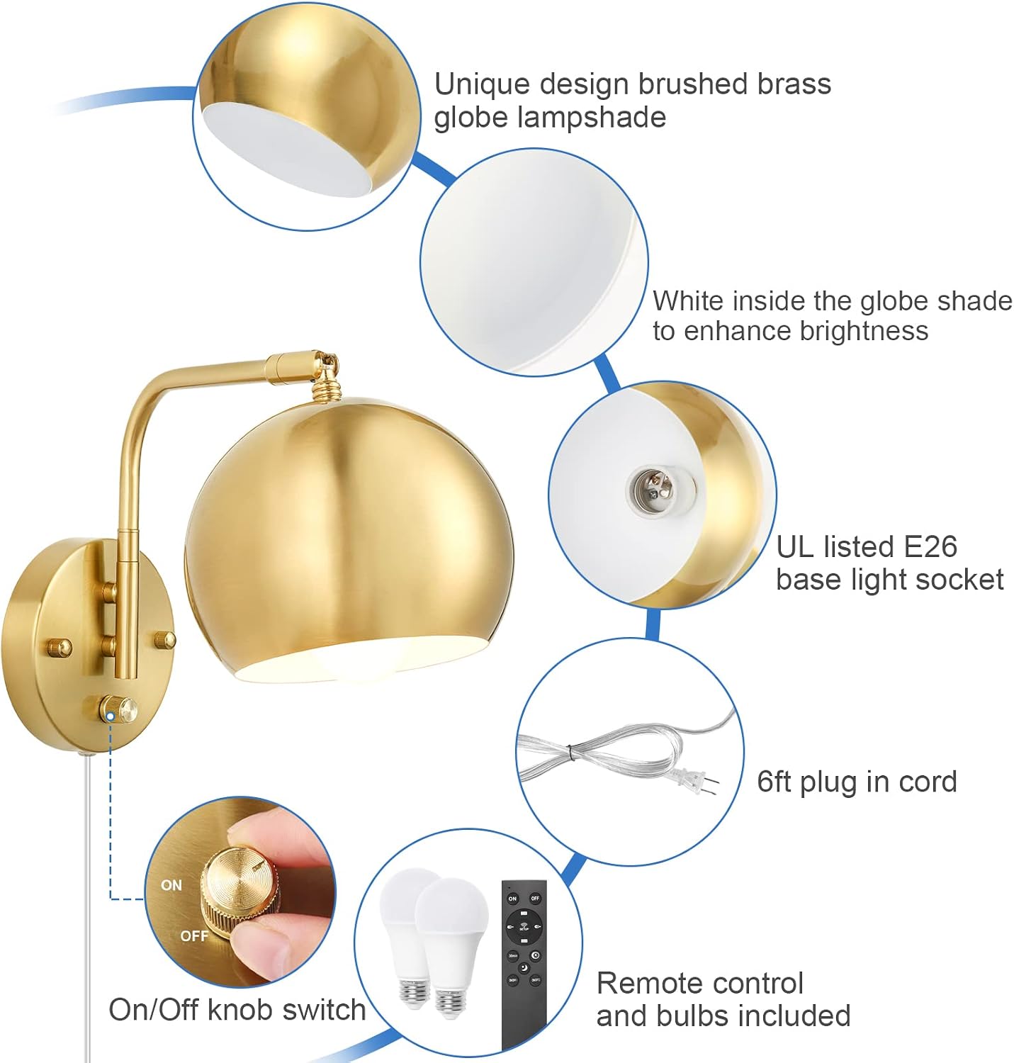 VATONI Wall Sconce with Remote Control, Plug in Wall Sconces Dimming 0-100% and Adjustable Color Temperature