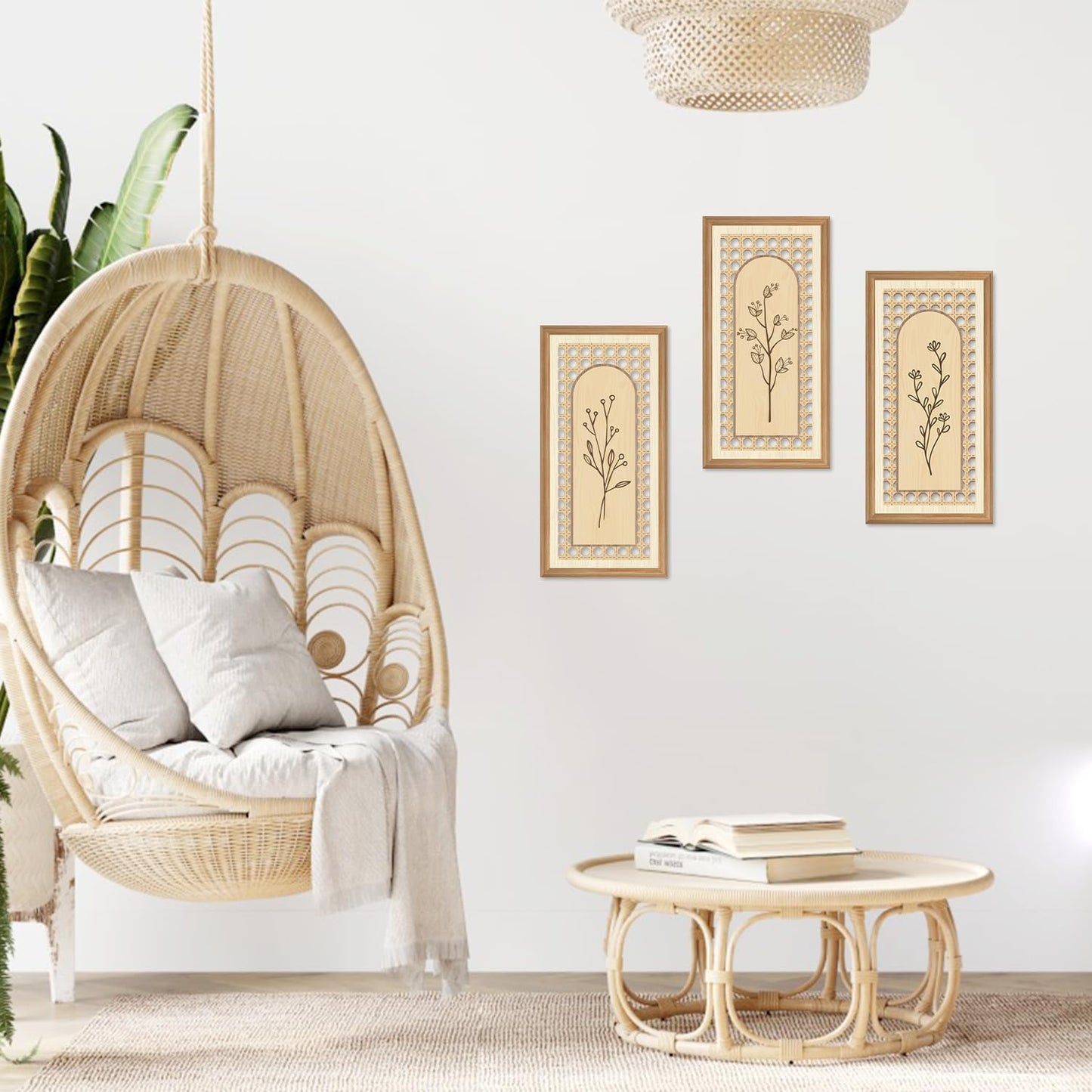 Boho Arch Wicker Wall Decor Unframed Rattan Wood Wall Art Minimalist / Botanical / 8 x 16 / Set of 3