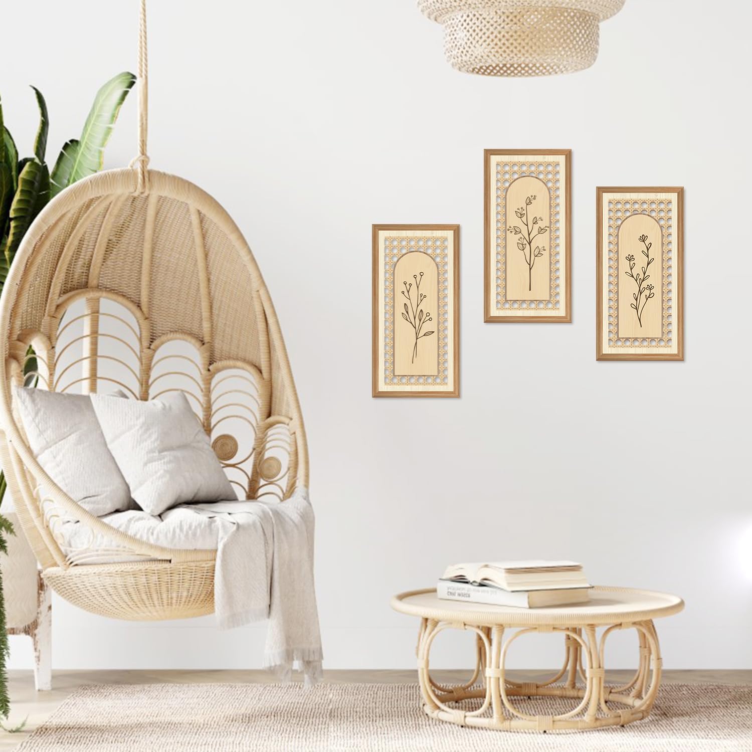 Boho Arch Wicker Wall Decor Unframed Rattan Wood Wall Art Minimalist / Botanical / 8 x 16 / Set of 3