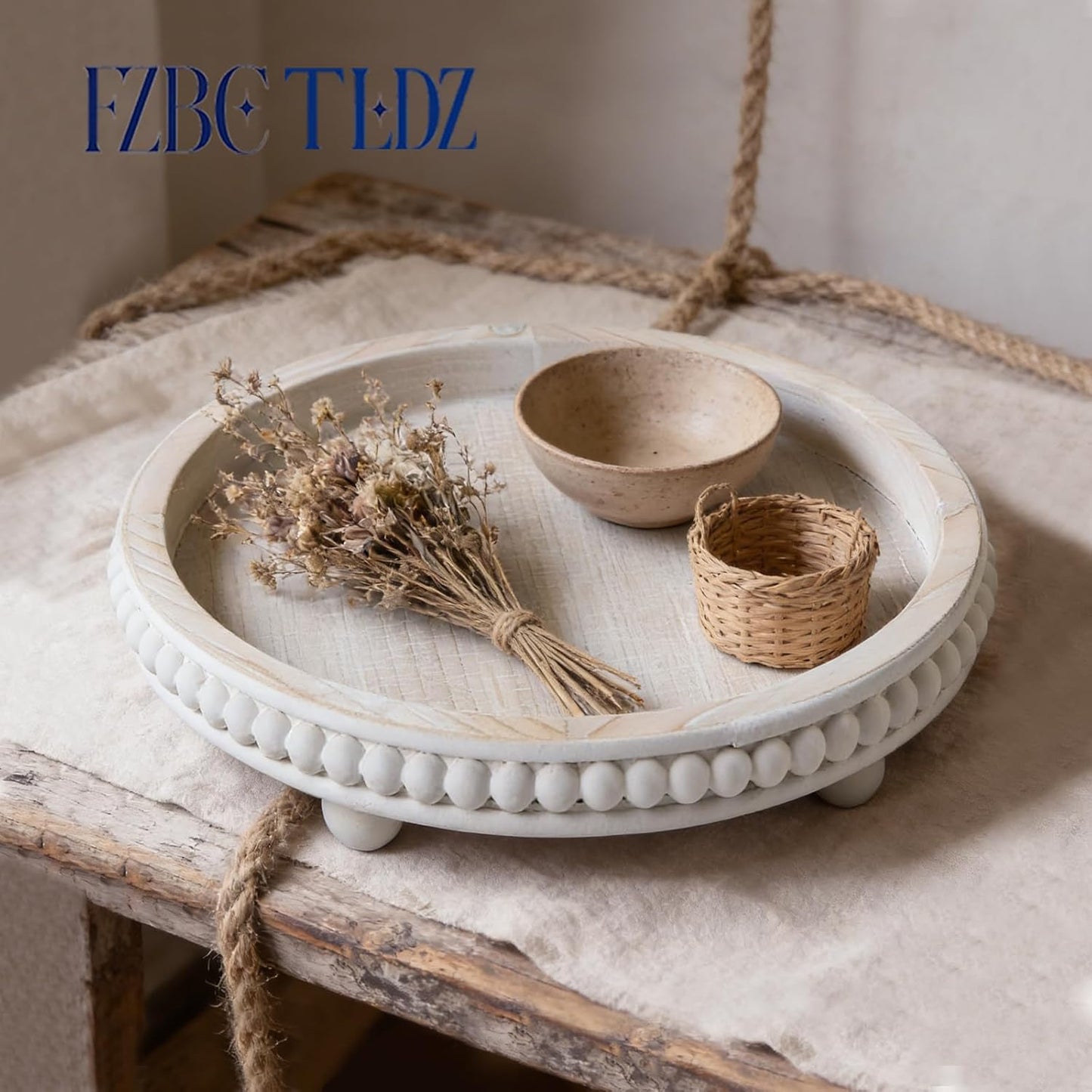 Washed Wooden Beaded Tray / White / Round / 12 Inch