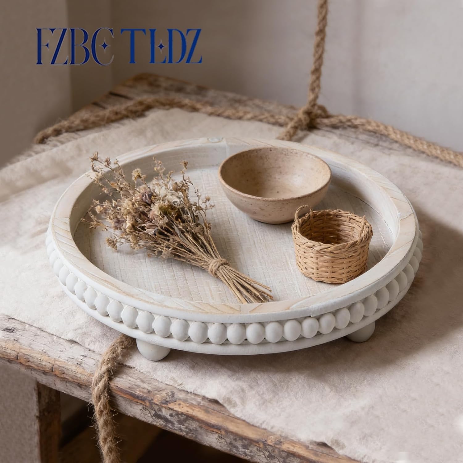 Washed Wooden Beaded Tray / White / Round / 12 Inch