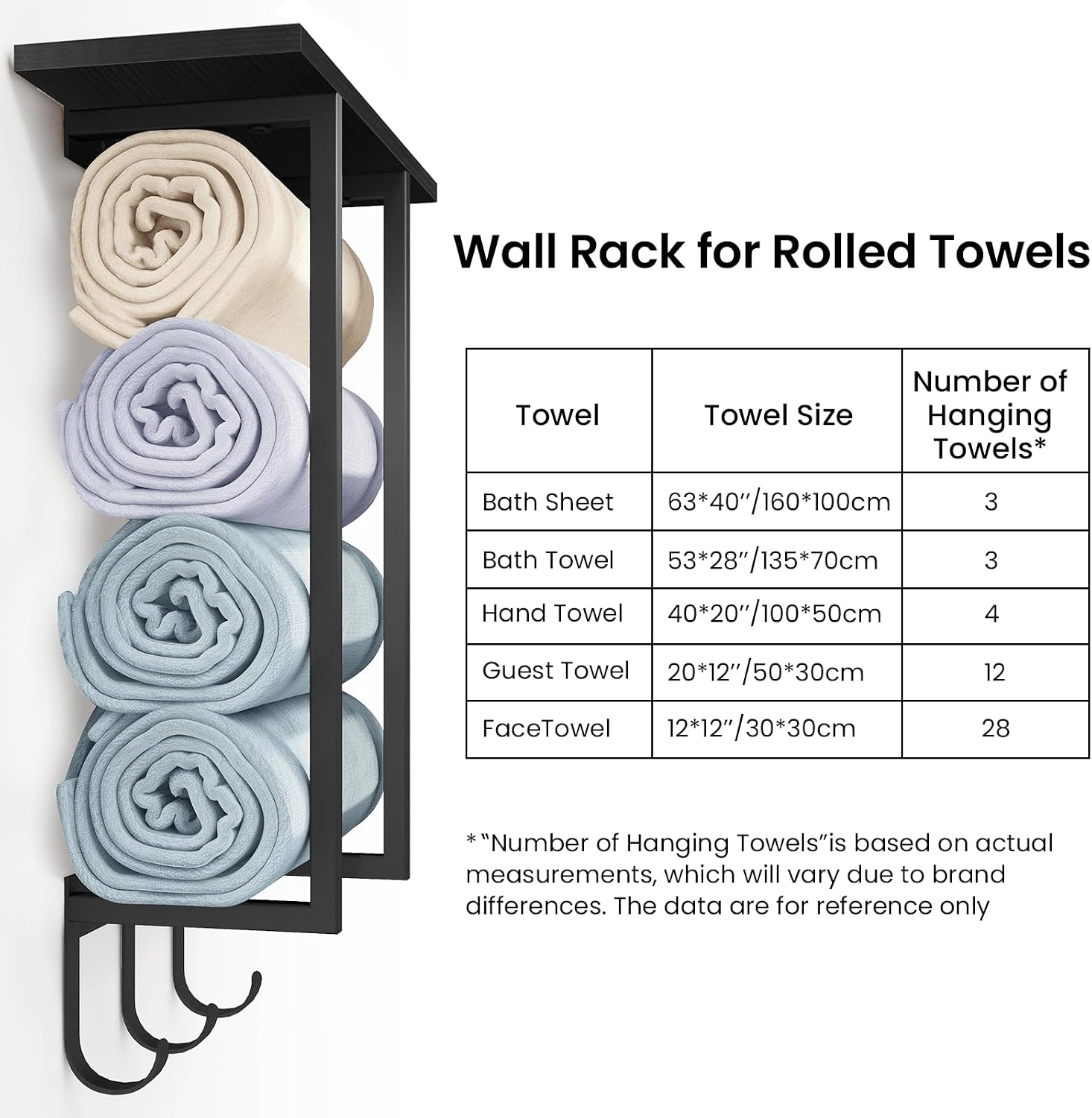 ELITEROO Towel Holder for Bathroom Wall, Wooden Towel Rack Shelf | Hanging Towel Organizer with 3 Hooks for Small