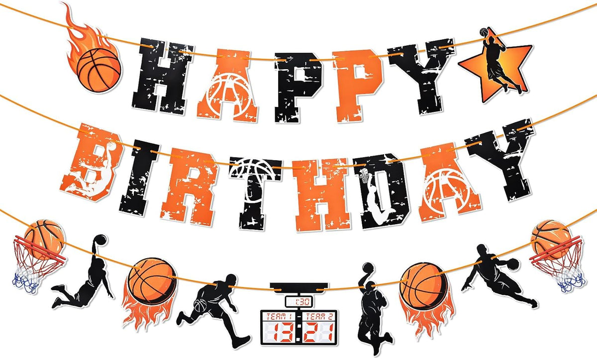 Basketball Happy Birthday Banner - Orange and Black Sports-Themed Party Decoration with Basketball Hoops and Fireball Design, Pre-Assembled, No DIY Required, Festive Indoor Outdoor Birthday Party Supplies