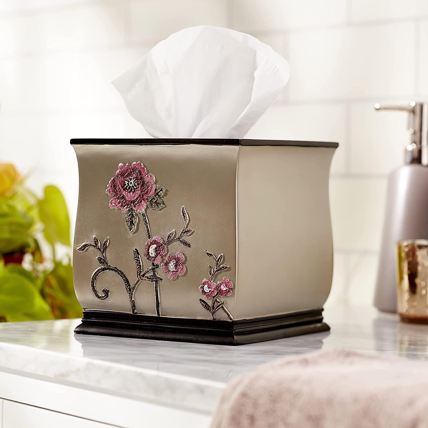 Zahari Home 2pc Larrisa Floral Bathroom Decor Set Waste Basket for Bathroom & Tissue Cover Modern Classic Contemporary