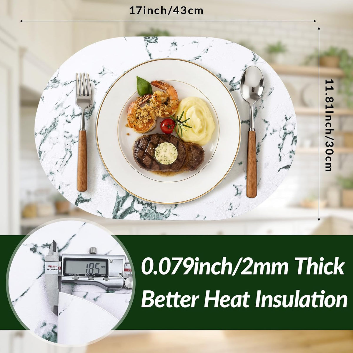 Placemats Set of 6, 11.8 x 17 Inch, Marble | Heat Resistant Oval Faux Leather Place Mats, Waterproof Wipeable