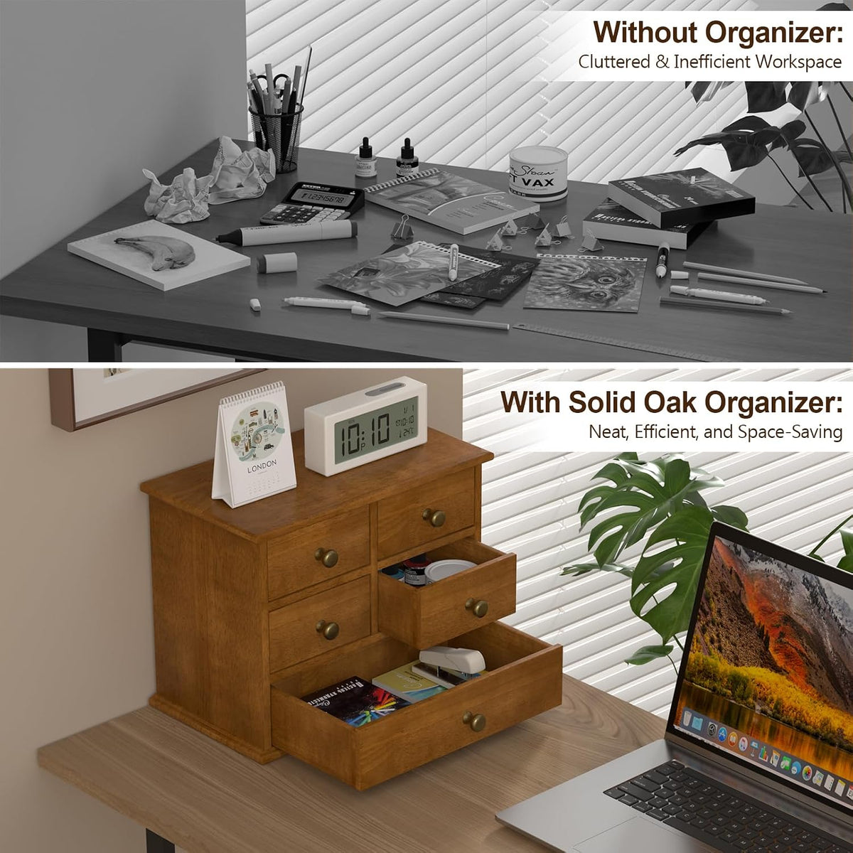 Oak Desk Organizer with Drawers, Durable Wooden Desktop Storage Box | 5 Drawer Tabletop Organizer with Metal Handles &