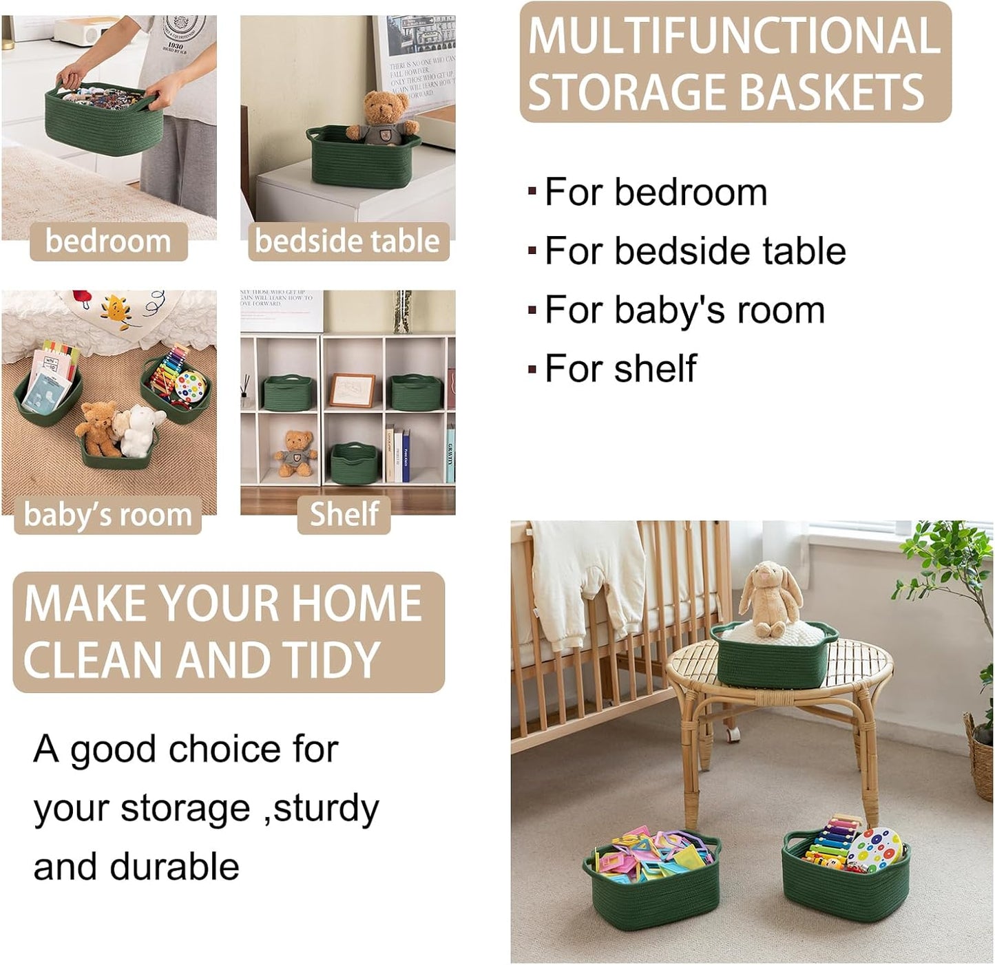 Cotton Rope Woven Baskets for Storage / Green / Set of 3