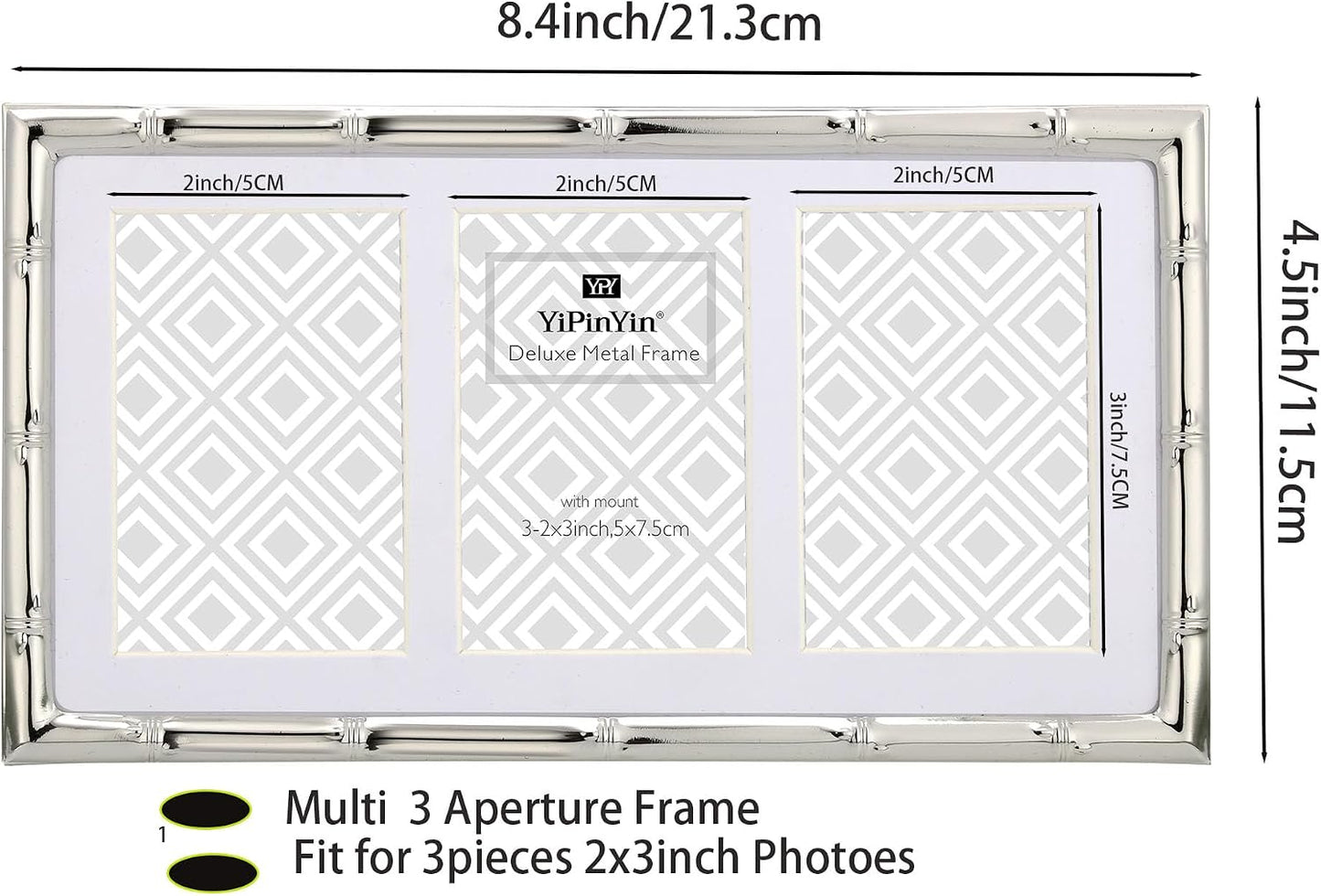 YiPinYin 3-2x3'' Silver Multi Metal Picture Frames 3 setion frame 2pack, Bamboo Detail Silver Plated Nurse Photo Frames
