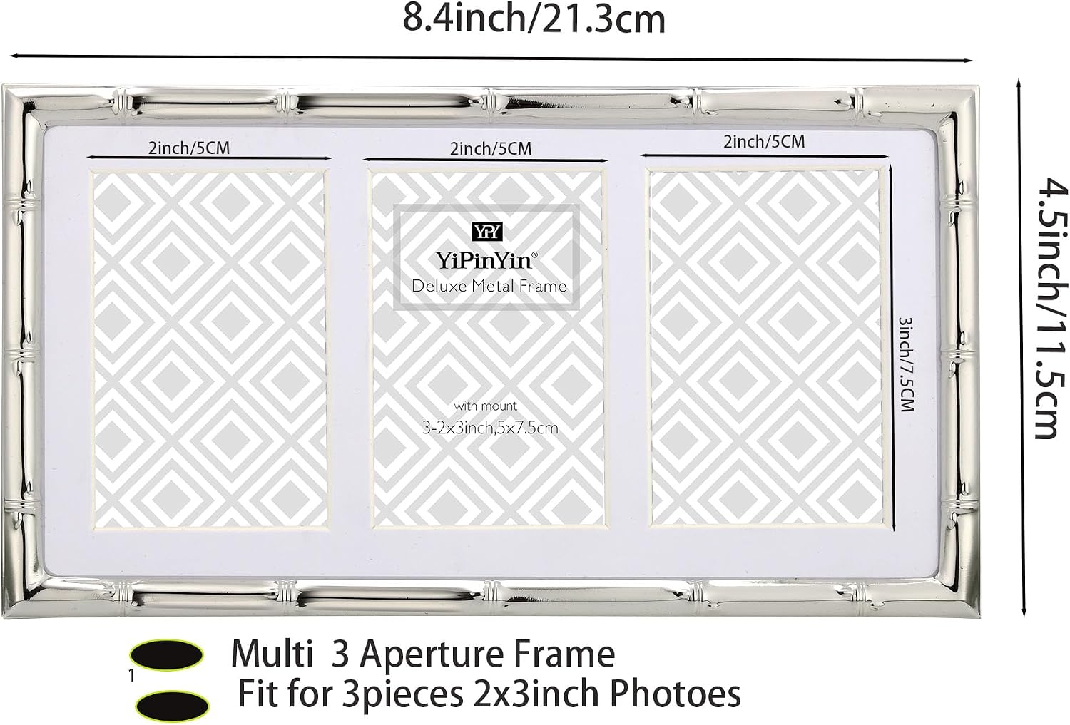 YiPinYin 3-2x3'' Silver Multi Metal Picture Frames 3 setion frame 2pack, Bamboo Detail Silver Plated Nurse Photo Frames
