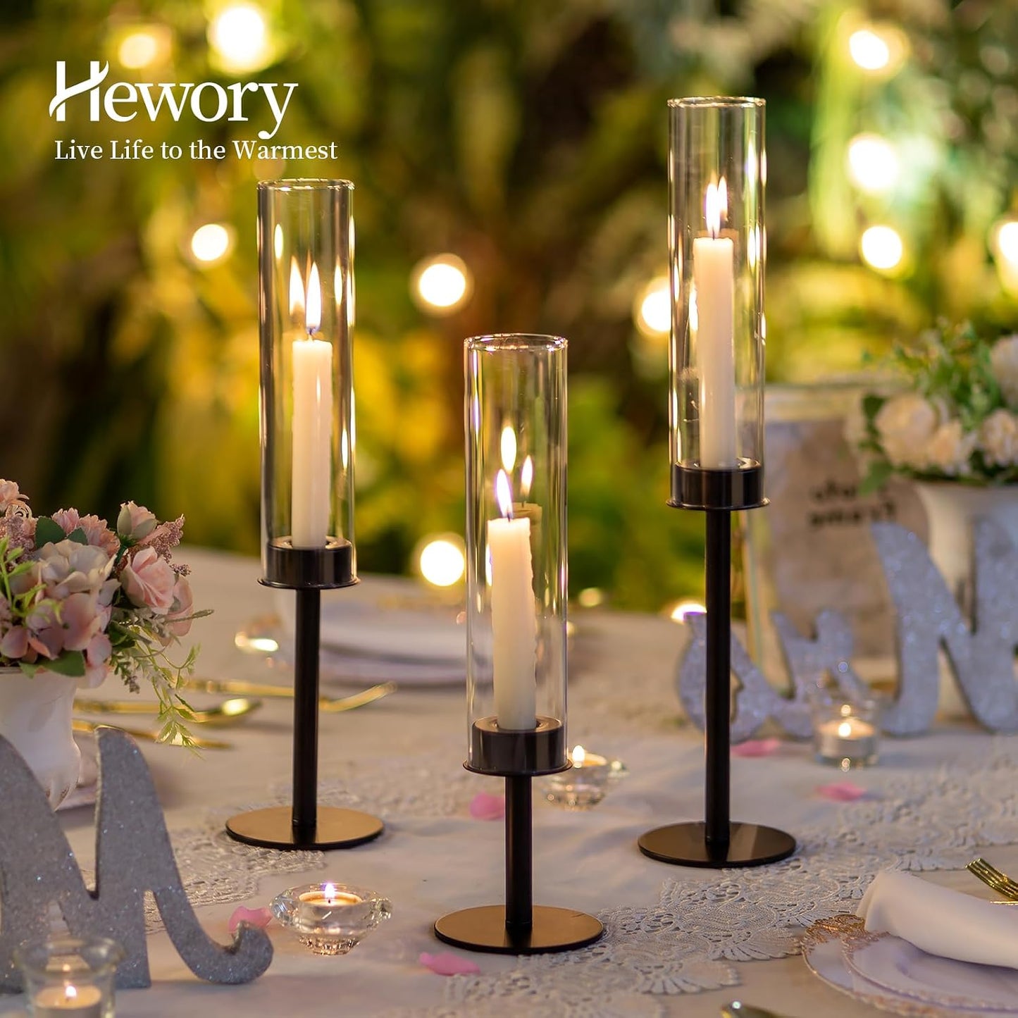 Hewory Black Candlestick Holders: 6PCS Glass Hurricane with Metal Base | Elegant Tall Taper Candle Holders at 3