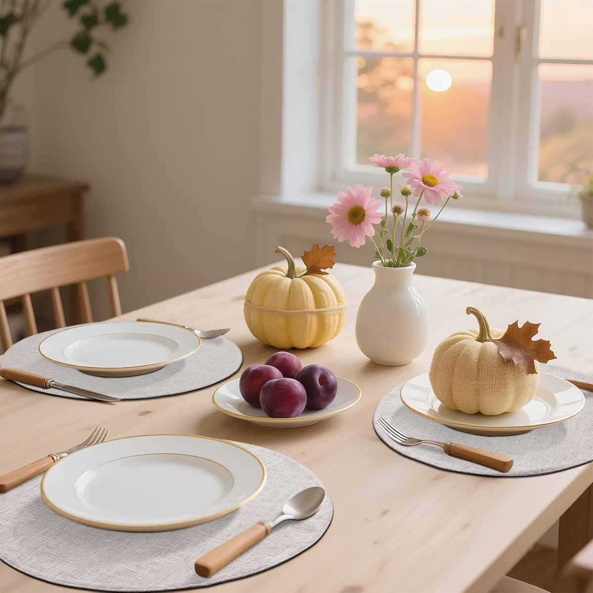 Cotton Linen 15 Inch Round Cloth Place mats, Set of 6, Beige | Washable Table Mats, Heat Resistant, Reversible