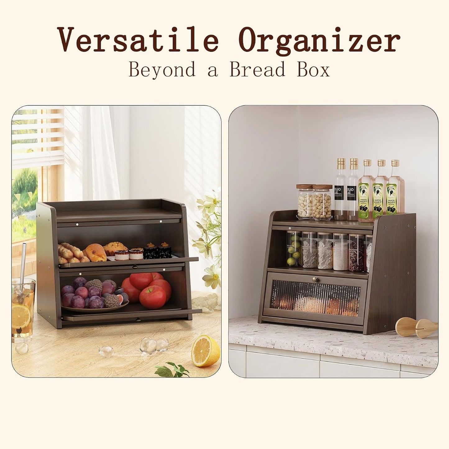 Large Bamboo Bread Box for Kitchen Countertop Bread Storage | Natural Bamboo, Corner Bread Box, Double Layer with Clear
