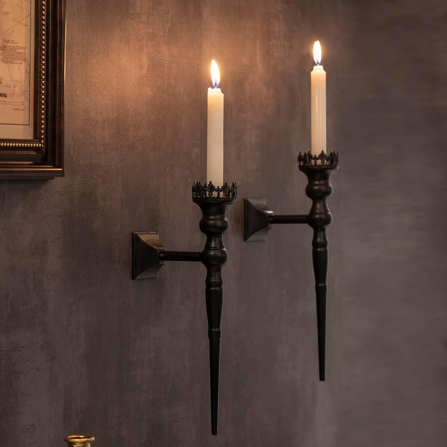 Gothic Wall Sconce Candle Holder for Taper Candles (Set of 2) Black Iron Crown and Scepter Design Victorian Wall Decor