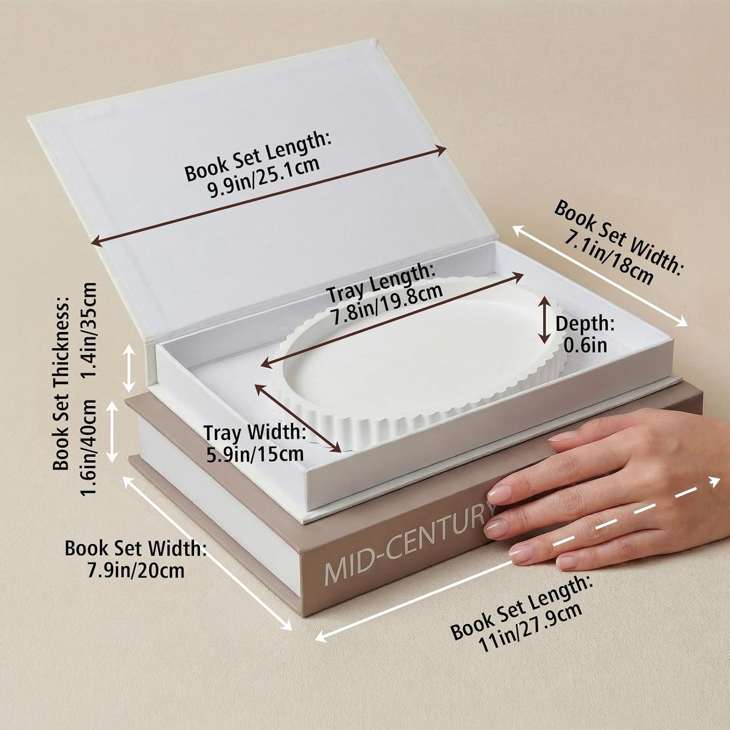 Decorative Book Box and Scalloped Tray Set / Ivory and White