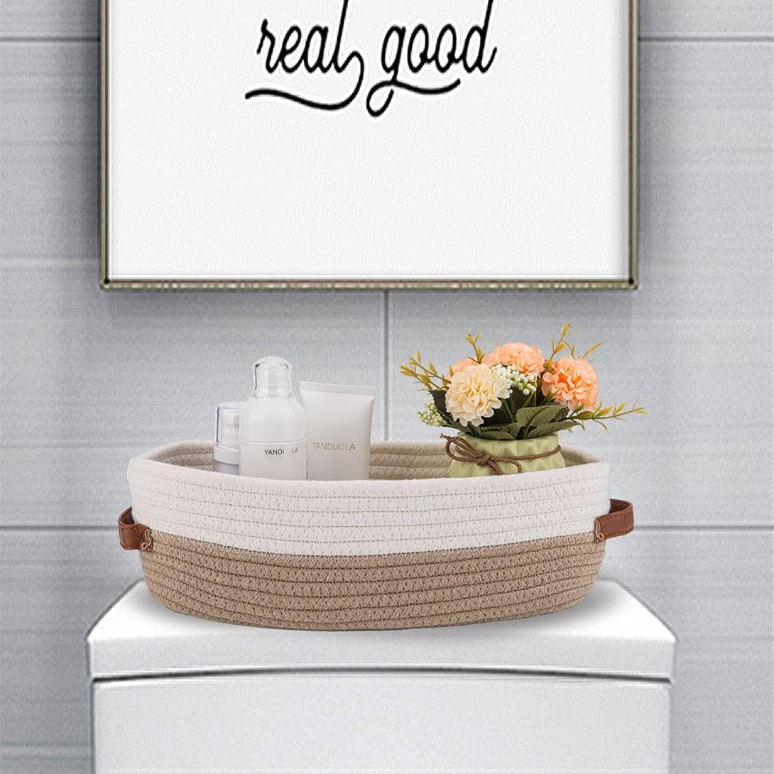Farmhouse Home Decor Organizing Baskets " Brown / Brown Stitching White / 13 x 5.9 x 4