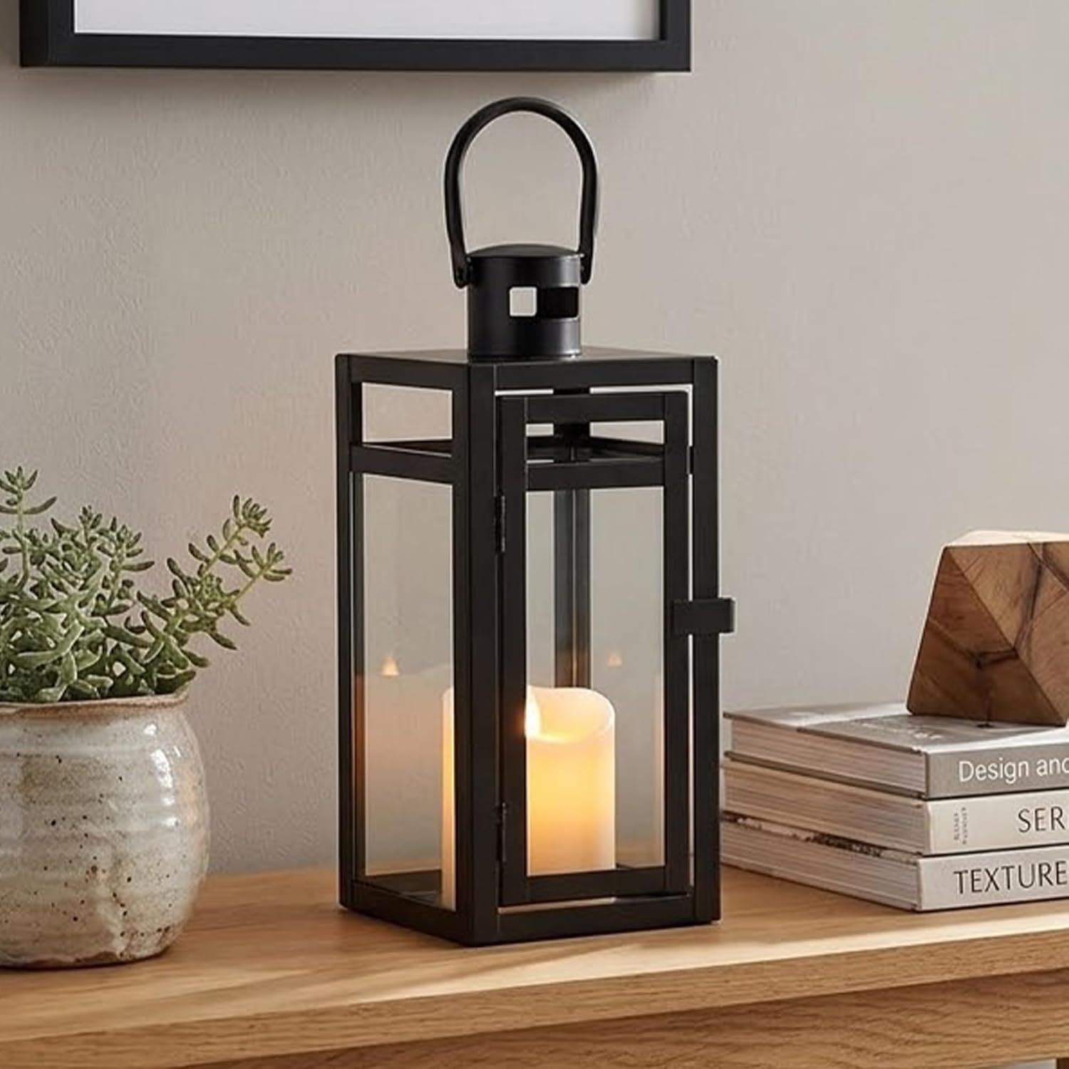 TRIROCKS Metal Candle Lantern 12'' High Decorative Outdoor Lantern Hanging Lantern with Tempered Glass for Christmas