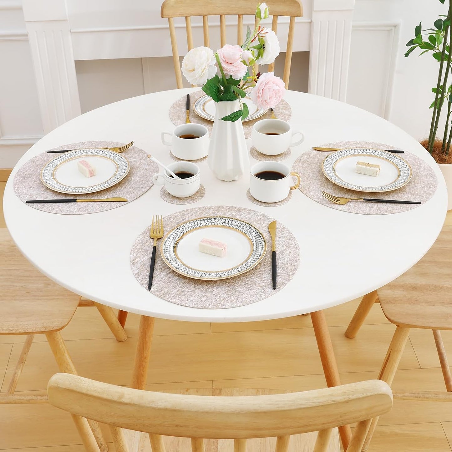 Homaxy Round Faux Leather Placemats and Coasters, Set of 12, Beige | Washable Dual-side Table Mats, Wipeable Place