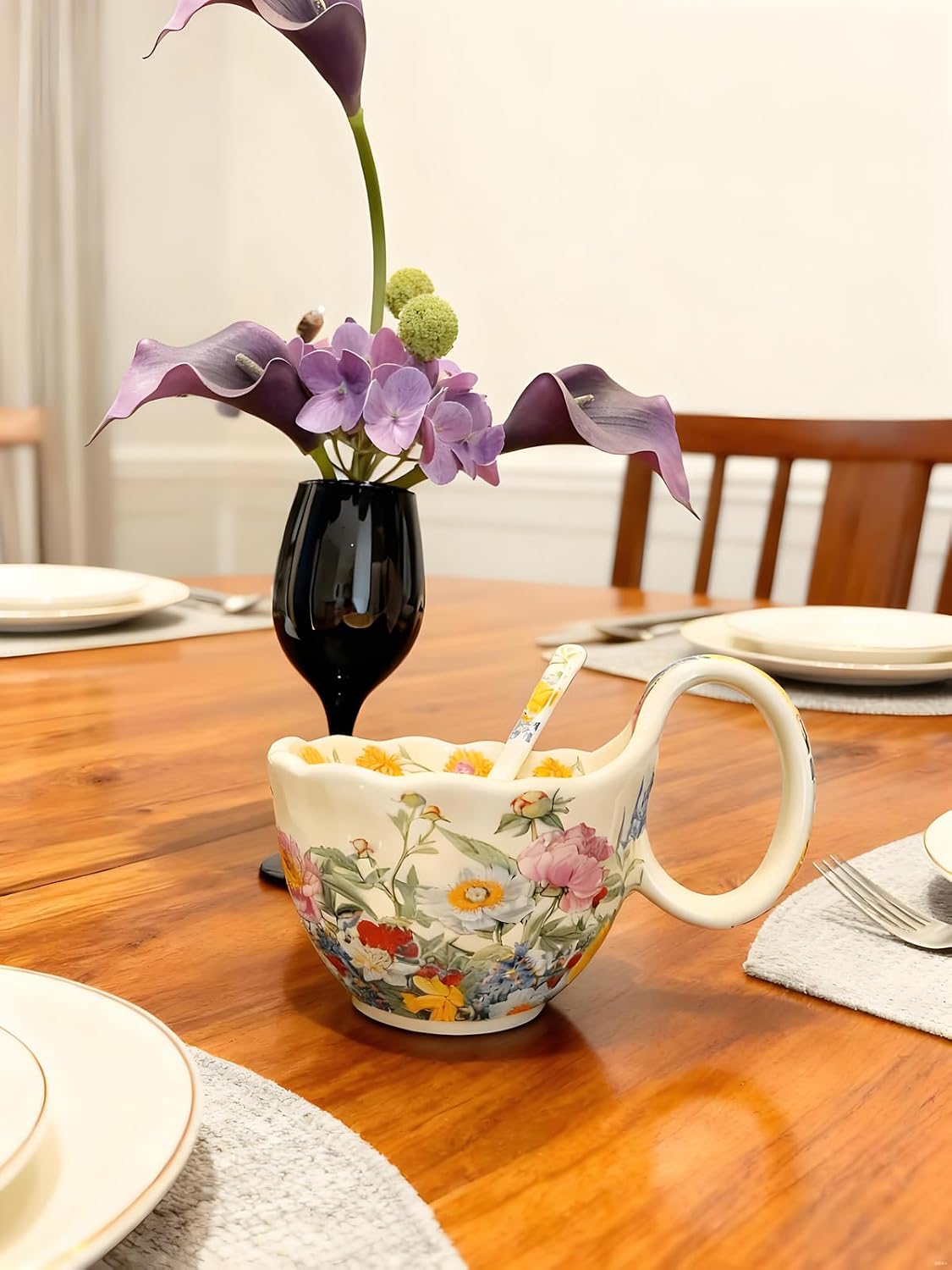 17.64 Oz Microwavable Soup Bowl / Peony - Handmade Loop Handle Soup Bowl with Spoon