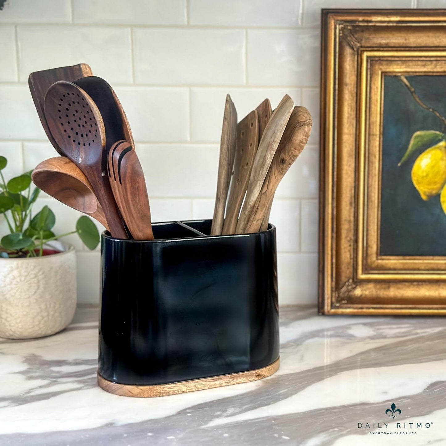 DAILY RITMO® Black Large Oval Utensil Holder with Bamboo Base and Divider