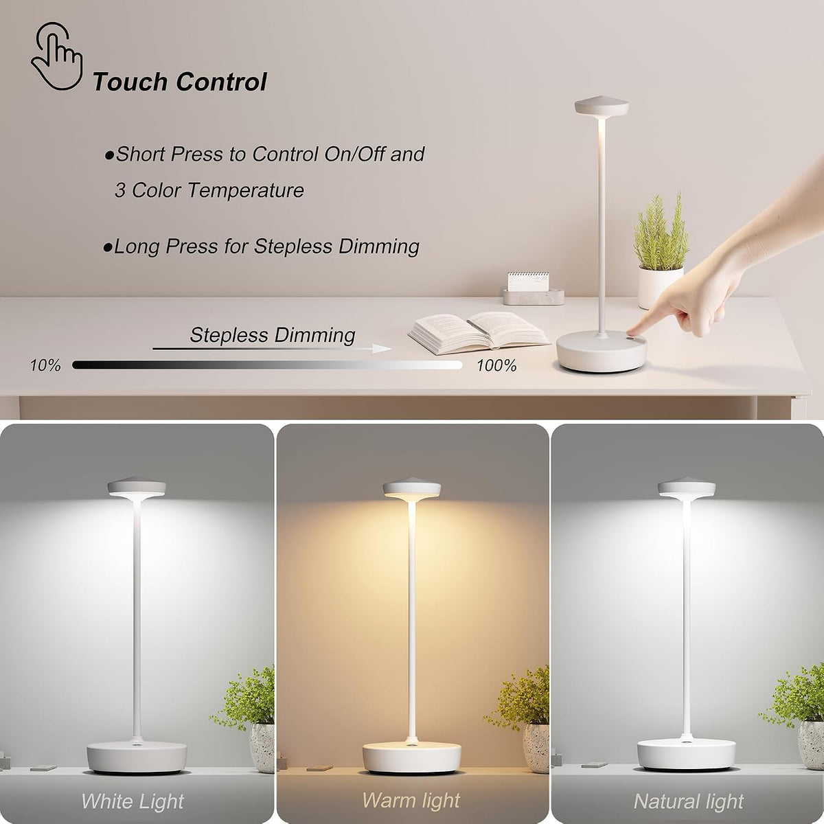 TBBGA Cordless Table Lamp Rechargeable 2 Pack, 5000mAh Battery Table Light | LED, 3 Color Temperatures, Stepless