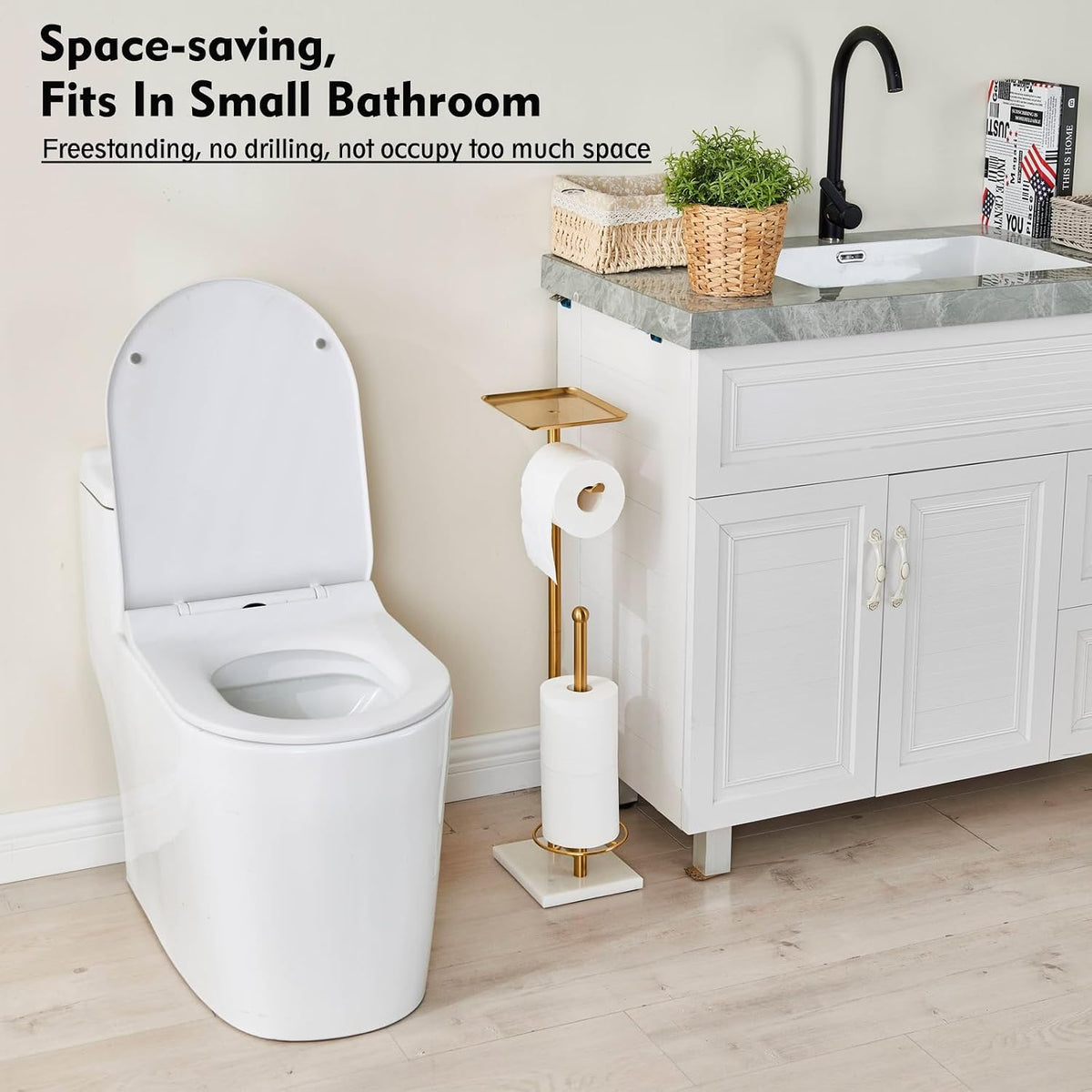 Gold Toilet Paper Holder with Shelf, Free Standing Toilet Paper Holder with Storage - Toilet Paper Stand for Holding