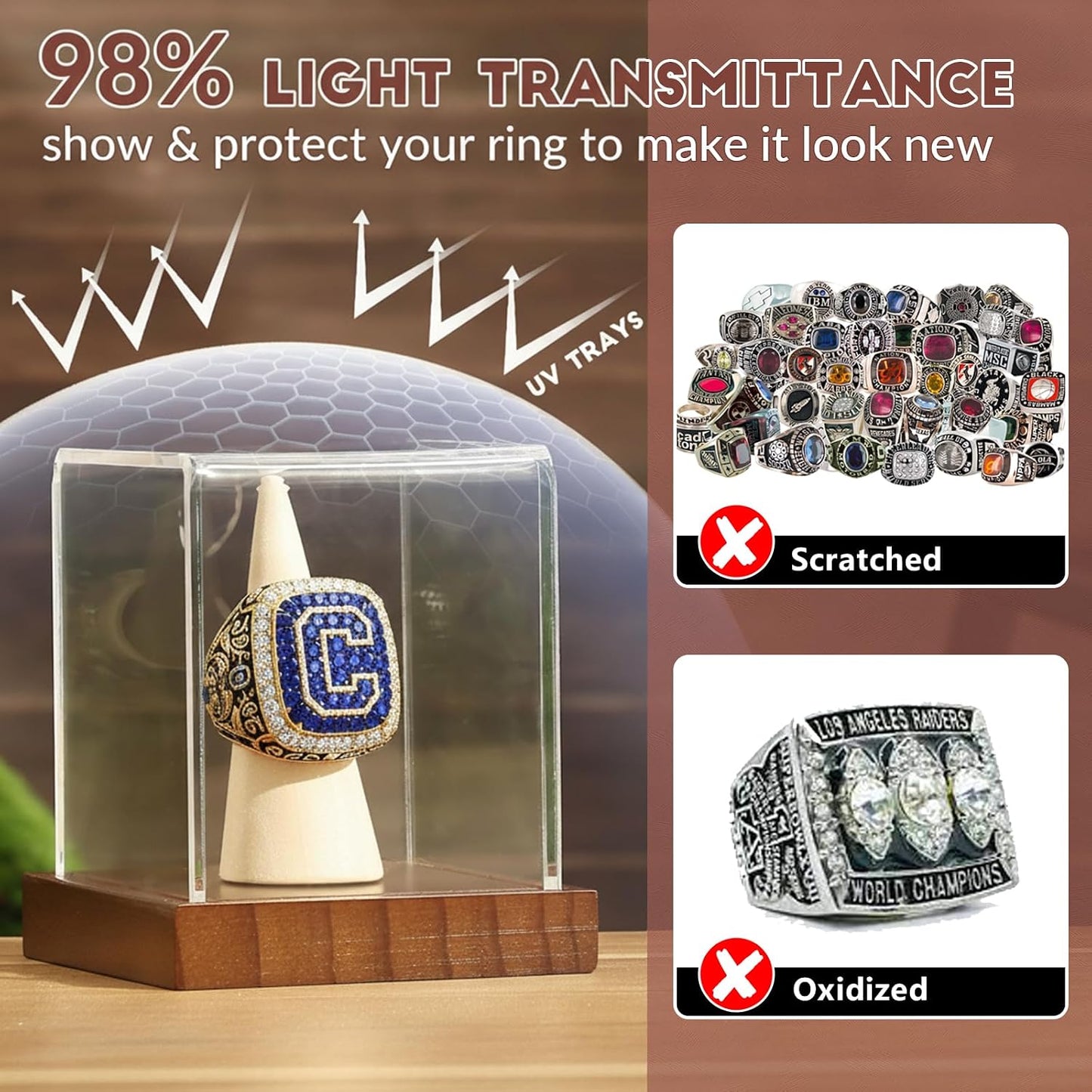 Championship Ring Display Case 2 Pack, Clear Acrylic Single Ring Holder with Wood Stand Base for Sports Basketball