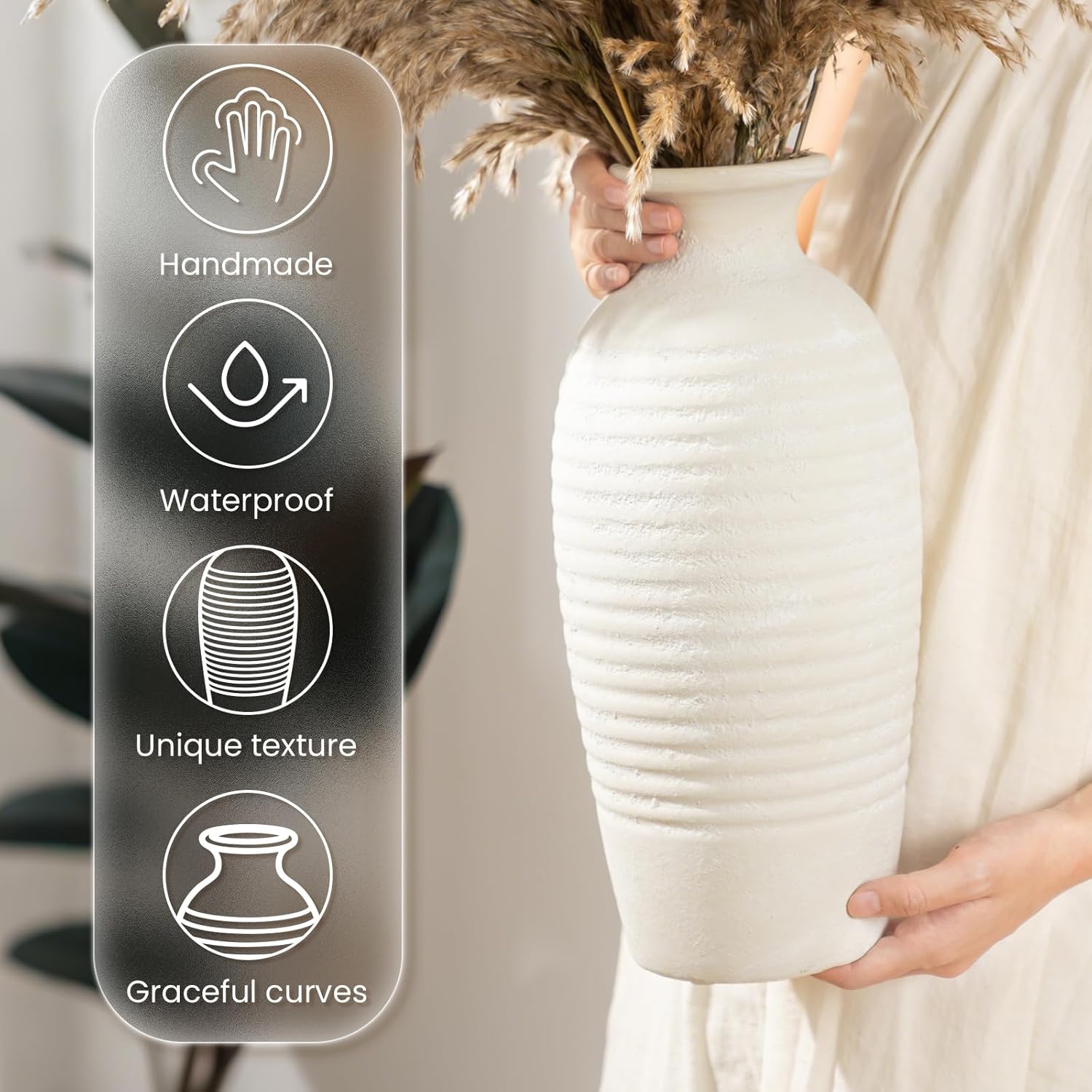 Rustic Ceramic Threaded White Vase / Off-white-14.4"tall